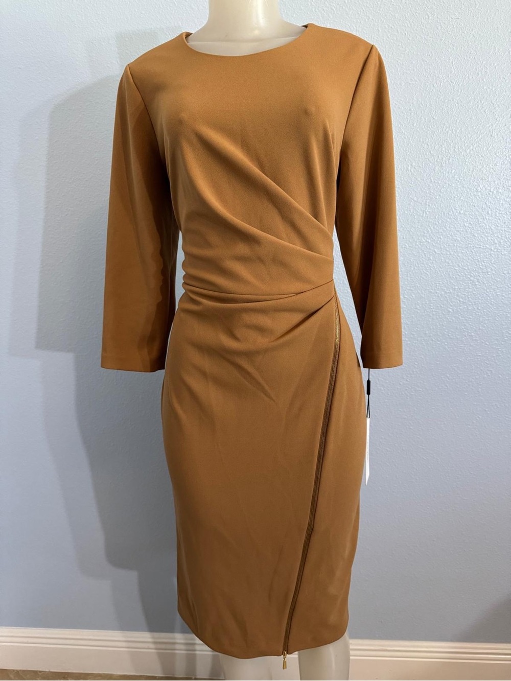 Calvin Klein Camel Ruched Wrap-Front Sheath Dress Size 12 New with tags.